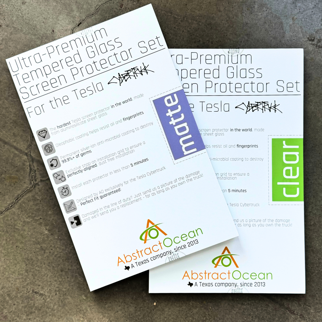 Abstract Ocean offers Ultra-Premium Tempered Glass (9H) screen protectors for Cybertruck in matte and clear options, complete with detailed installation instructions, available as a two-pack.