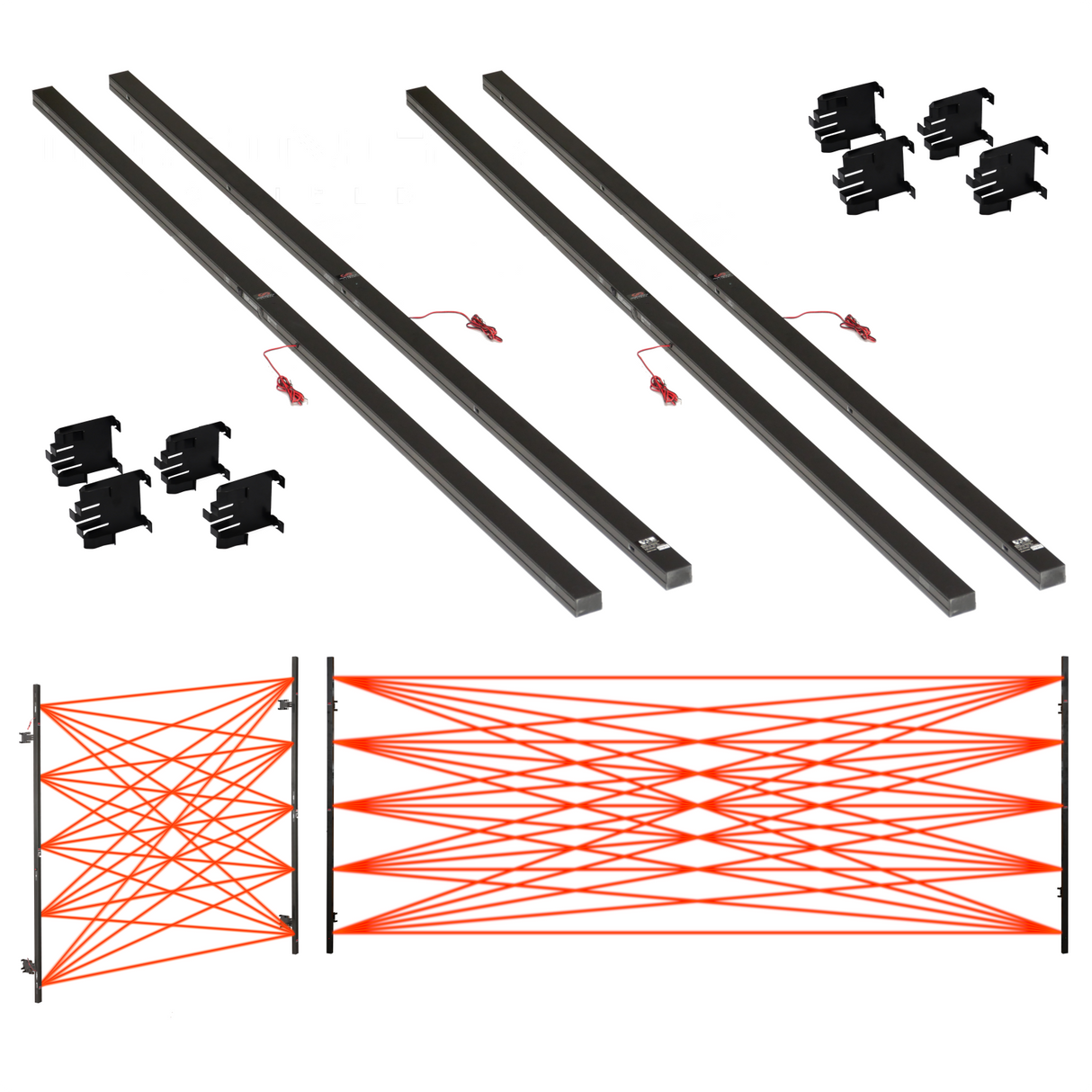 The Infinity Shield’s Full-Coverage Garage Door Sensors—featuring two black metal bars with red wires, eight mounting brackets, and two orange safety barriers—are shown on a white background.