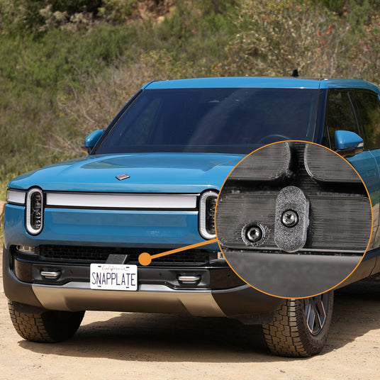 A blue SUV with plate SNAPPLATE parked outside. A close-up shows a mounting detail on the front bumper.