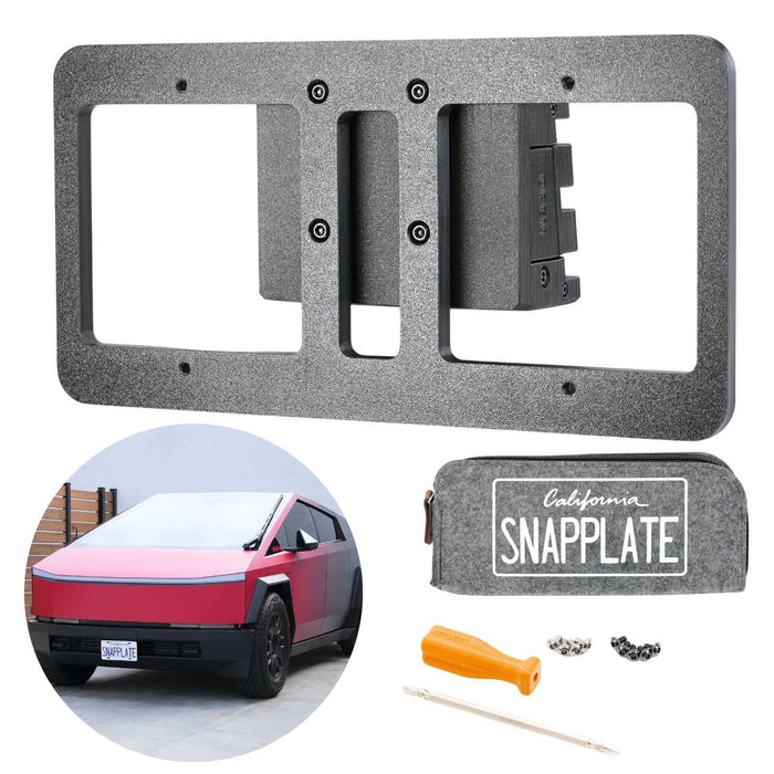 License plate mounting bracket kit with a carrying pouch, screws, a tool, and an image of a red and black vehicle featuring the license plate holder.