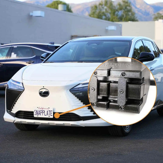 White car with a California license plate labeled SNAPPLATE. An inset shows a close-up of a black plastic bracket or holder for the plate.