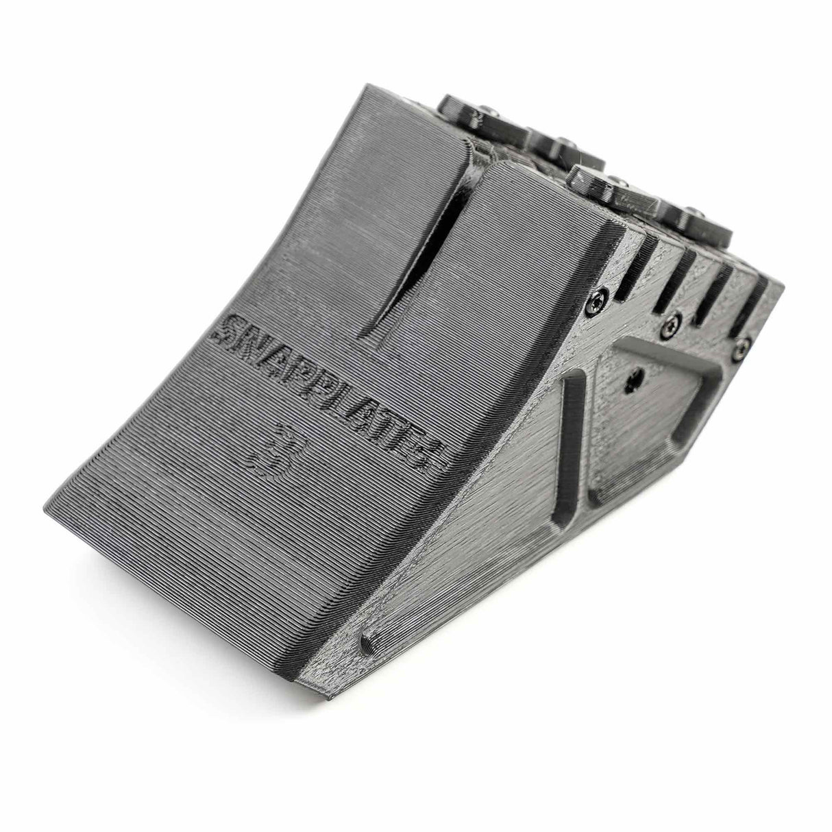 A black, textured EveryAmp SnapPlate+ Base for Tesla Model 3 (2017-2023), 3D-printed with visible screw holes, is shown as a replacement part on a white background.