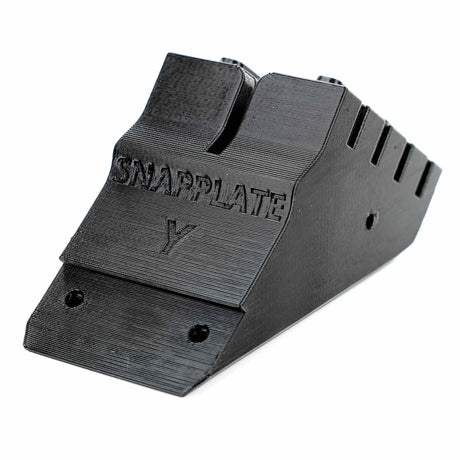 The EveryAmp SnapPlate Base for Tesla Model Y (2020-2025) is a black, wedge-shaped plastic part with slotted grooves and two screw holes, designed as a replacement component.