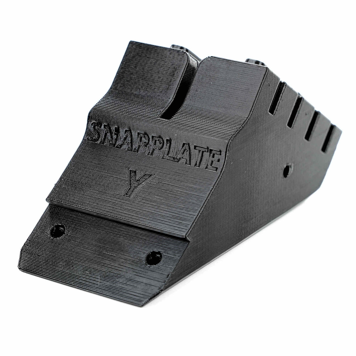 The EveryAmp SnapPlate Base for Tesla Model Y (2020-2025) is a black, wedge-shaped plastic part with slotted grooves and two screw holes, designed as a replacement component.