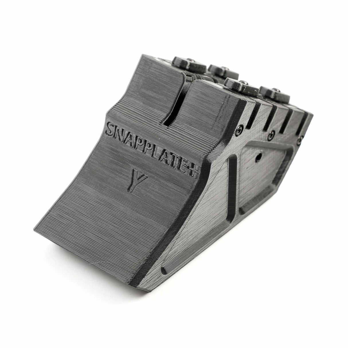 The EveryAmp SnapPlate+ Base for Tesla Model Y (2020-2025) is a 3D-printed black mount with a sloped front, grooves, and visible bolts on top—serving as a sleek SNAPPLATE-labeled replacement part.
