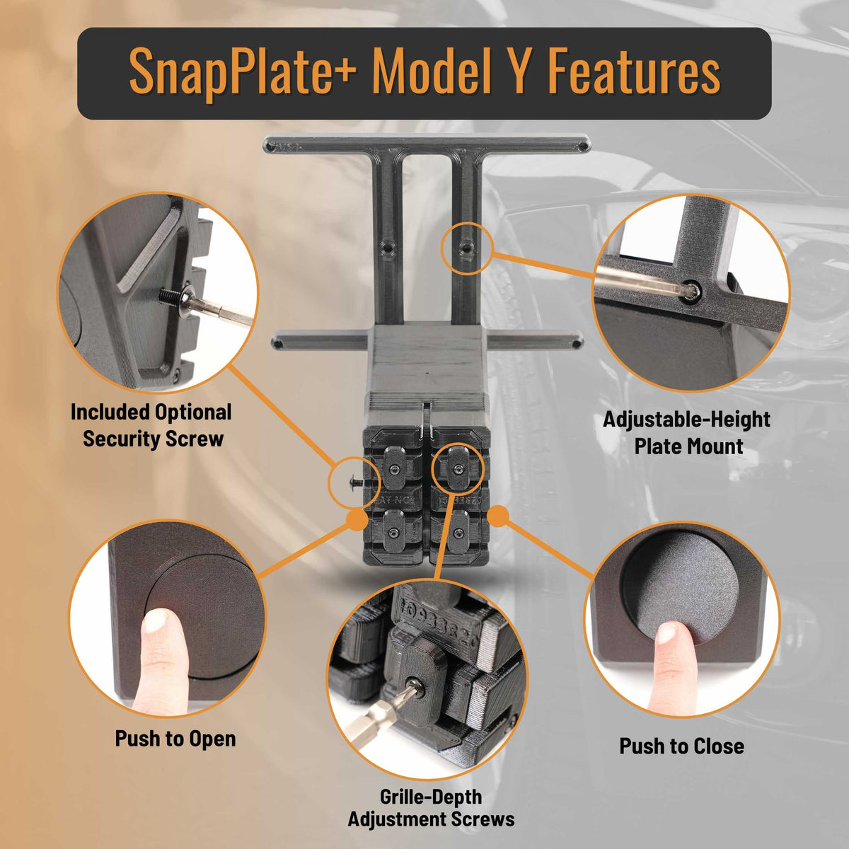 SnapPlate plus front license plate mounts for the 2025-2020 Tesla Model Y feature a simple pushbutton design with adjustable plate height and grille fit and an optional security screw