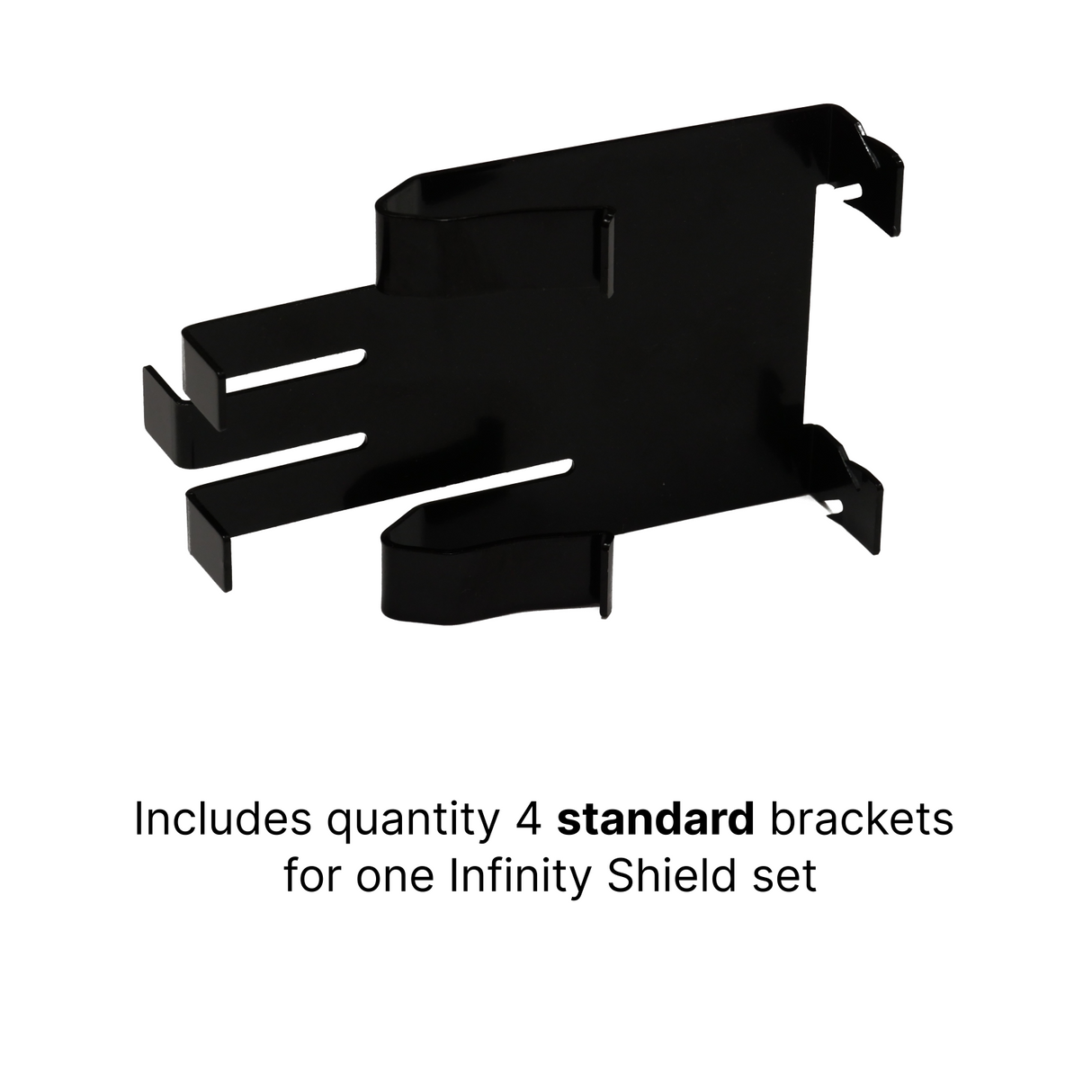 Black Infinity Shield Brackets by The Infinity Shield, shown with hooks on a white background. Includes 4 standard brackets per set—perfect for garage door sensor installations.