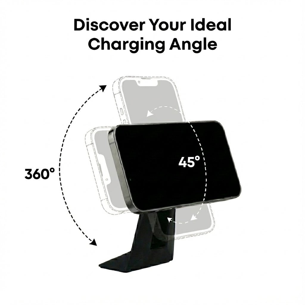 The Tesery MagLink HUD - OLED Magnetic Dashboard Display for Model Y Juniper / Model 3 Highland from Tesery Official Store rotates 360° horizontally and tilts 45° vertically in a sleek wrapper, showing adjustable viewing and charging angles.