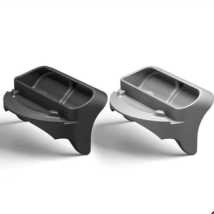 The Tesery Official Store's Sunglasses & Phone Holder Organizer for Model Y Juniper features two plastic armrest organizers, one black and one gray, displayed side by side on a white background.