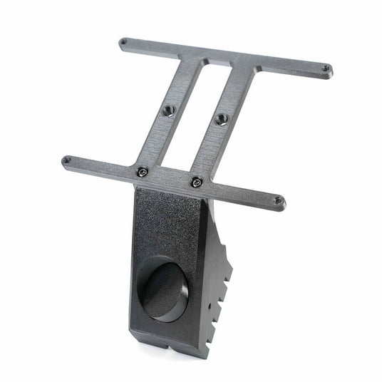 A black 3D-printed mount with multiple screw holes and a slotted design.