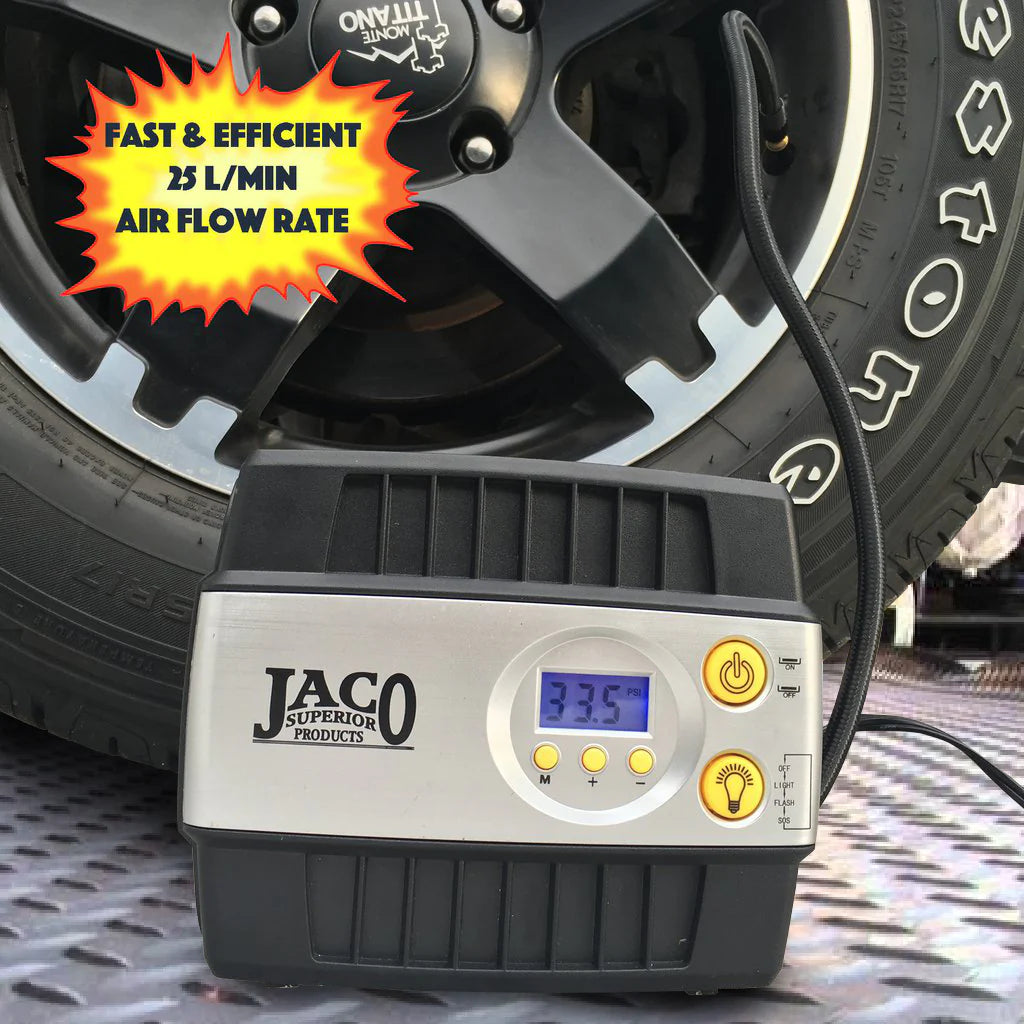 Close-up of the JACO SmartPro™ 12v Digital Tire Inflator Pump, displaying 33.5 PSI while connected to a car tire. Text highlights Fast & Efficient 25 L/Min Air Flow Rate.