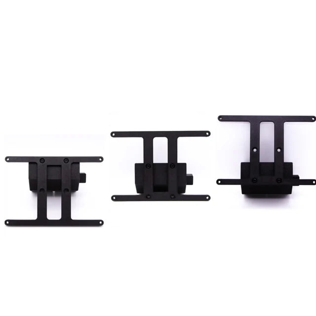 Three black metal brackets arranged in a row on a white background, each with mounting holes at the corners and a central attachment area.