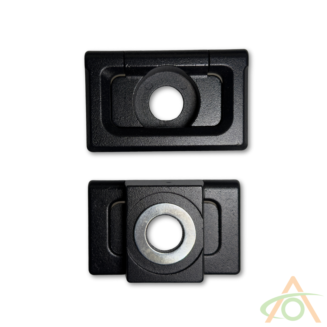 Two black rectangular Cybertruck L-Track Accessories by Abstract Ocean, with circular metal centers, are aligned vertically on a white background. Made from heavy-duty aluminum, they fit perfectly in the Cybertruck vault. A logo is visible in the bottom right corner.