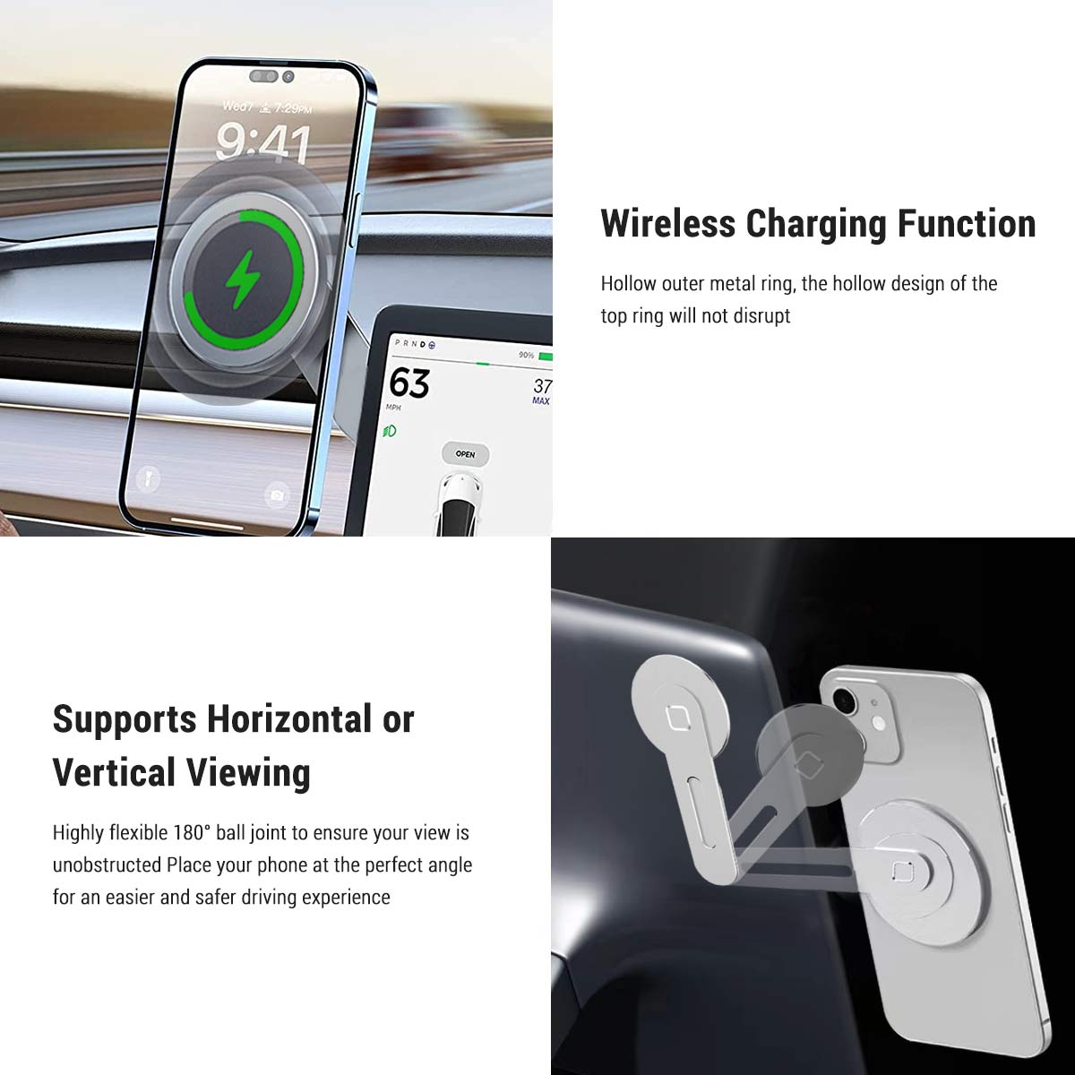 The Tesery Official Store Wireless Magsafe Mount for Tesla Model 3/Y/S/X/Cybertruck is a magnetic wireless car charger with charging status display, flexible 180° ball joint, and supports horizontal or vertical phone viewing.
