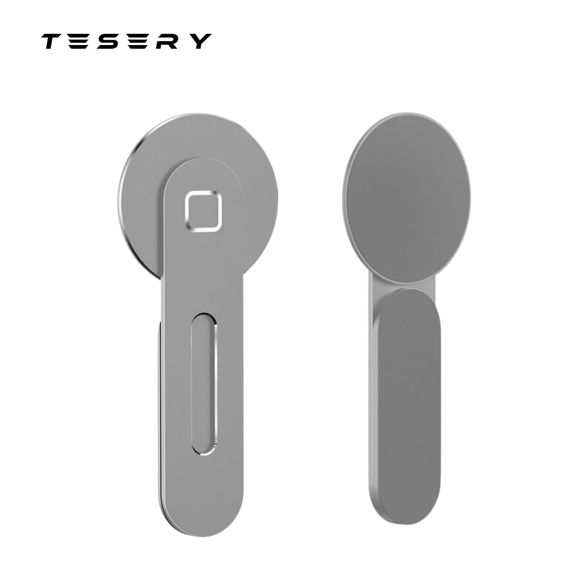 Two silver keyhole covers with a modern minimalist design are displayed on a white background with the Tesery Official Store logo, matching the sleek style of the Wireless Magsafe Mount for Tesla Model 3/Y/S/X/Cybertruck.