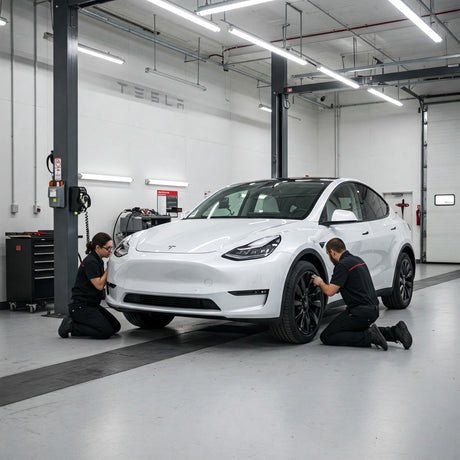 Tesla Model Y with technicians performing tire maintenance at a service center