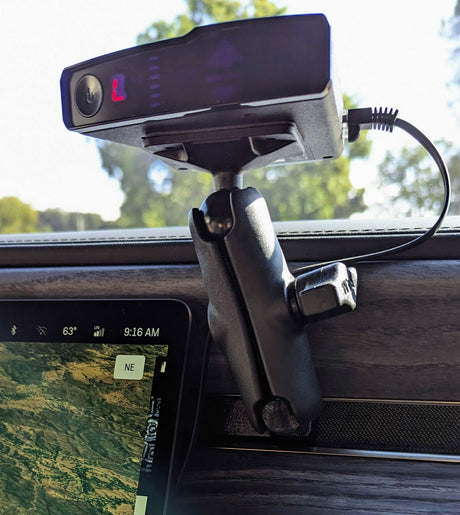 Radar detector installed with a 25mm dash anchor in a Rivian R1T or R1S