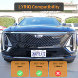 Front view of a black Cadillac LYRIQ featuring the EveryAmp Cadillac LYRIQ SnapPlate No-Drill Front License Plate Holder installed; infographic indicates compatibility with Sport and Luxury trims (2023–2026), but not for the LYRIQ-V. The perfect way to mount a front license plate on your Cadillac LYRIQ without drilling into your bumper.