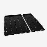 Two black Thunderbolt Adventure Supply R1T Bed Glider ramp panels with cut-out shapes and cables, shown side by side on white, are perfect for truck bed storage or camping as durable modular accessories.