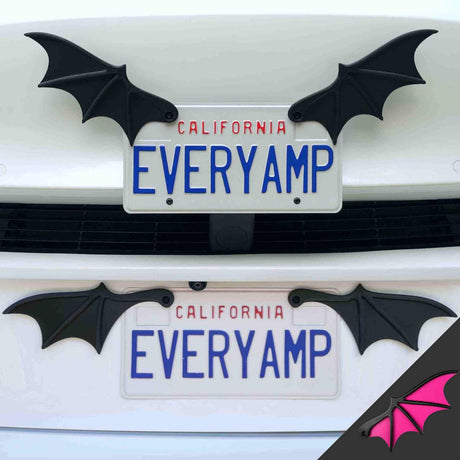 Close-up of a vehicle featuring California SnapPlates with EveryAmps License Plate Bat Wings made from recycled PETG plastic.