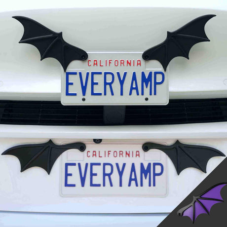 Two License Plate Bat Wings by EveryAmp adorn California plates with sleek black wings made from recycled PETG plastic and feature a small bat graphic, exemplifying SnapPlates eco-friendly design commitment.