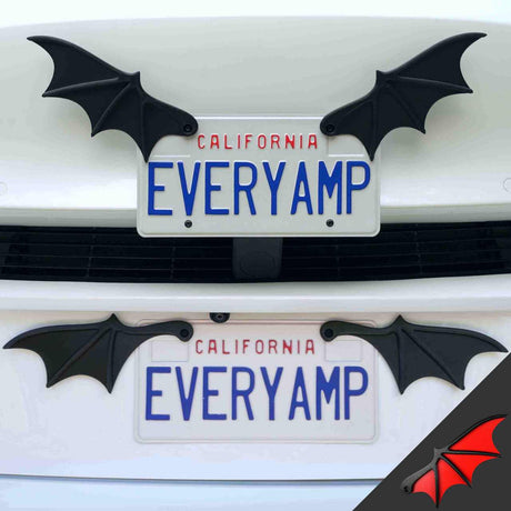 A car featuring the EveryAmp EVERYAMP California plates is adorned with License Plate Bat Wings above and below the plate. It uses SnapPlates made from recycled PETG plastic for sustainability and flair.