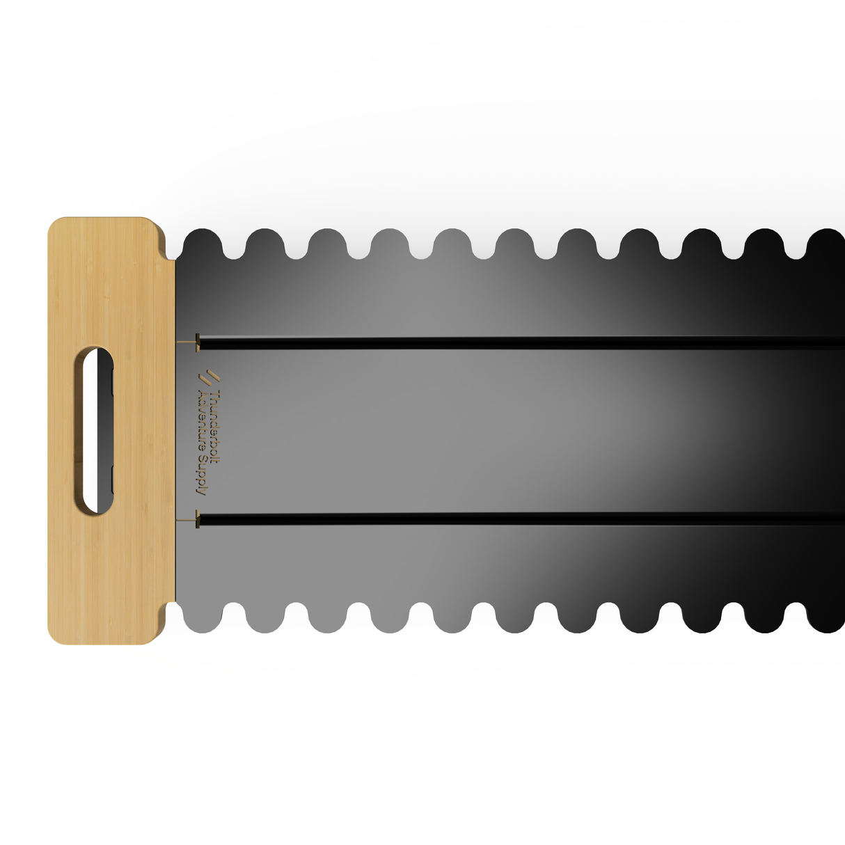 The Overland Gear Sled by Thunderbolt Adventure Supply features a cutting board with a left handle and wavy-edged black mat, designed to fit seamlessly in the Rivian R1T Gear Tunnel for your overland adventures.