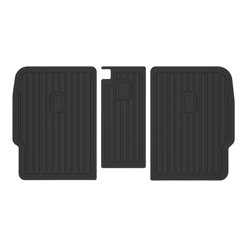 Three black, rectangular LinerX Seat Back Cover Mats for 2022-2026 Rivian R1S, featuring vertical grooves, are arranged side by side—a durable accessory and ideal protection for your vehicle.