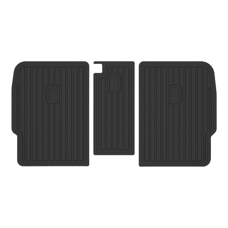 Three black, rectangular LinerX Seat Back Cover Mats for 2022-2026 Rivian R1S, featuring vertical grooves, are arranged side by side—a durable accessory and ideal protection for your vehicle.
