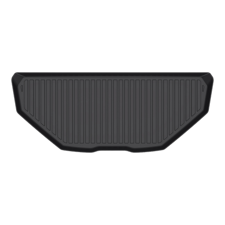 The LinerX Front Cargo Liner for 2025-2026 Rivian R1S/R1T features raised edges and parallel grooves in black thermoplastic elastomer, shown from above on a white background. A premium Gen 2 accessory by LinerX.