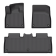 Set of three black molded LinerX Floor Mats for Rivian R2 (2027) with ribbed patterns and mounting grommets.