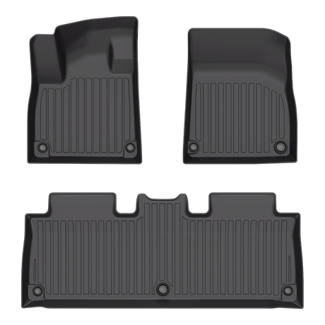 Set of three black molded LinerX Floor Mats for Rivian R2 (2027) with ribbed patterns and mounting grommets.