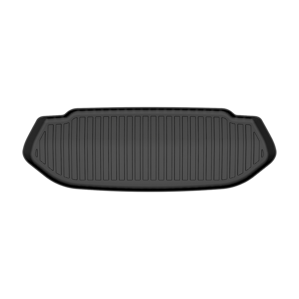 Black LinerX Front Cargo Liner for Rivian R2 (2027) with a ribbed surface, raised edges, and all-weather protection.