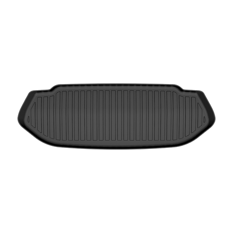 Black LinerX Front Cargo Liner for Rivian R2 (2027) with a ribbed surface, raised edges, and all-weather protection.