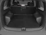 Custom-fit black rubber LinerX Seat Back Cover Mats for Rivian R2 (2027) cover the trunk floor and the back of the folded rear seats in an SUV.