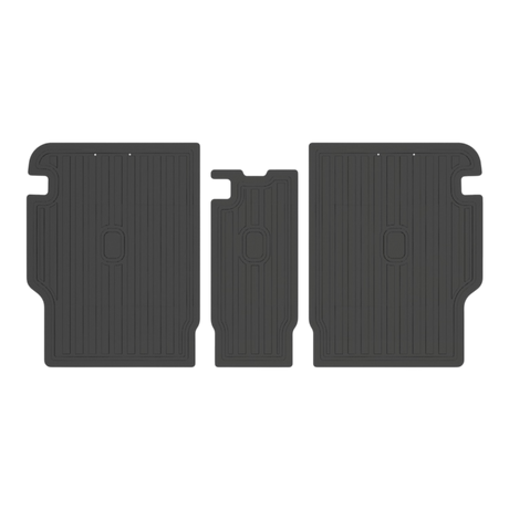 Three black rubber LinerX Seat Back Cover Mats for Rivian R2 providing cargo protection for the back of the vehicle seats.