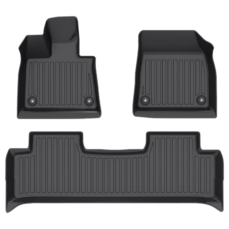 LinerX Floor Mats for 2025-2026 Polestar 3: set of three black, contoured mats with raised edges and textured surfaces, made from thermoplastic elastomer for a precise fit and all-weather protection.