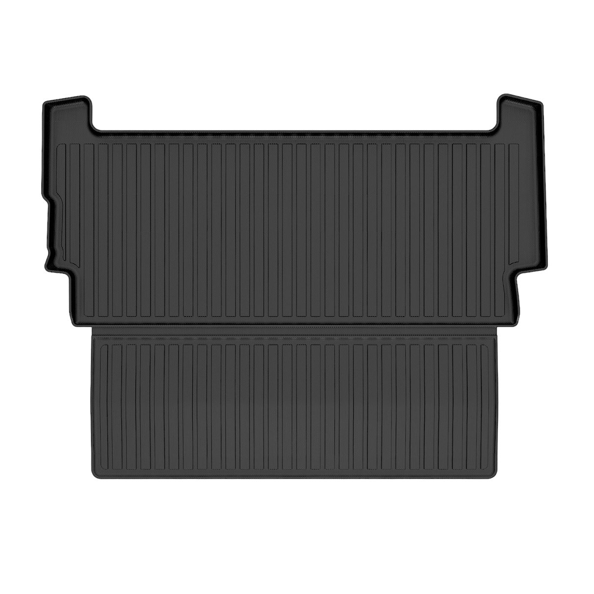 The LinerX Cargo Liner for 2022-2026 Rivian R1S by LinerX is a black, rectangular mat with raised edges and vertical ridges, offering custom-fit all-weather protection—perfect for your R1S. Shown on a white background.