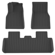 LinerX Floor Mats for 2026 Tesla Model Y (Juniper)—a set of three black, custom-fit all-weather mats with raised edges and vertical grooves, offering superior protection and style by LinerX, shown on a white background.