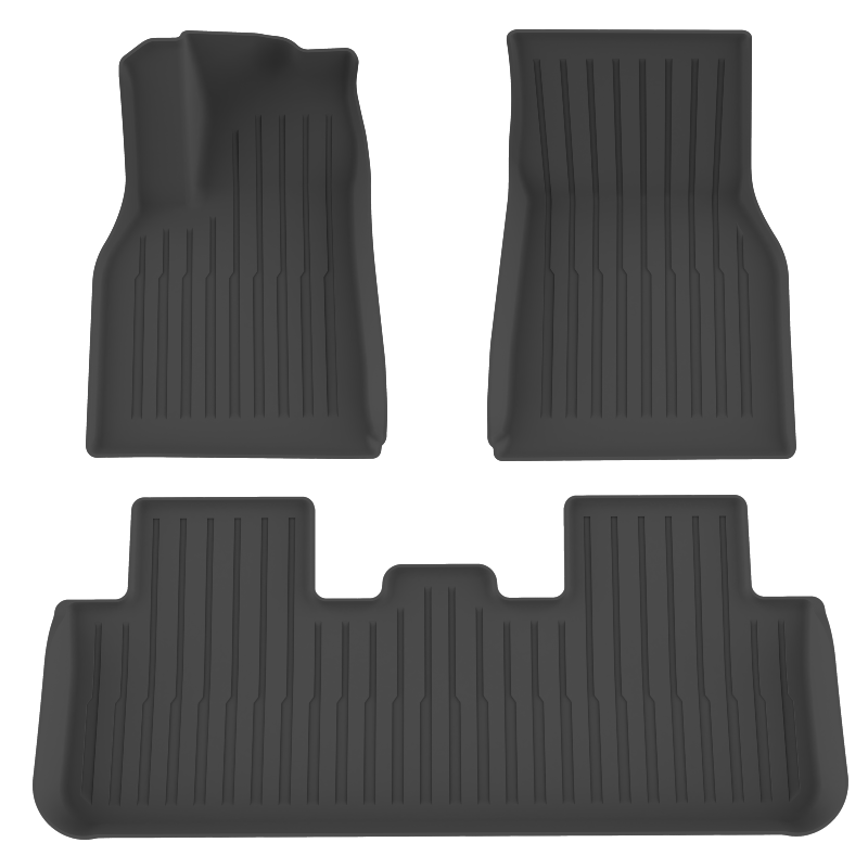 LinerX Floor Mats for 2026 Tesla Model Y (Juniper)—a set of three black, custom-fit all-weather mats with raised edges and vertical grooves, offering superior protection and style by LinerX, shown on a white background.