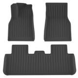 LinerX Floor Mats for 2026 Tesla Model Y (Juniper)—a set of three black, custom-fit all-weather mats with raised edges and vertical grooves, offering superior protection and style by LinerX, shown on a white background.