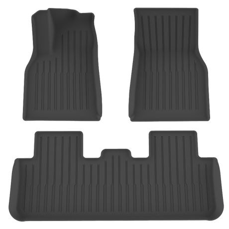 LinerX Floor Mats for 2026 Tesla Model Y (Juniper)—a set of three black, custom-fit all-weather mats with raised edges and vertical grooves, offering superior protection and style by LinerX, shown on a white background.