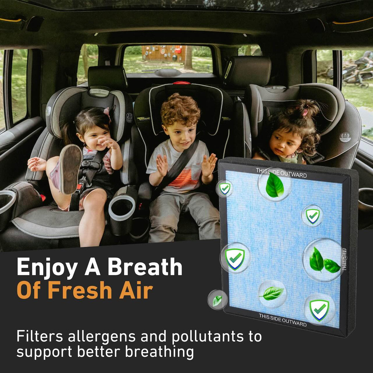 Three young children in car seats sit in the backseat of a Rivian R1T, protected by the EveryAmp HEPA+Activated Carbon Cabin Air Filter for Rivian R1T & R1S, which captures allergens and pollutants for cleaner cabin air.