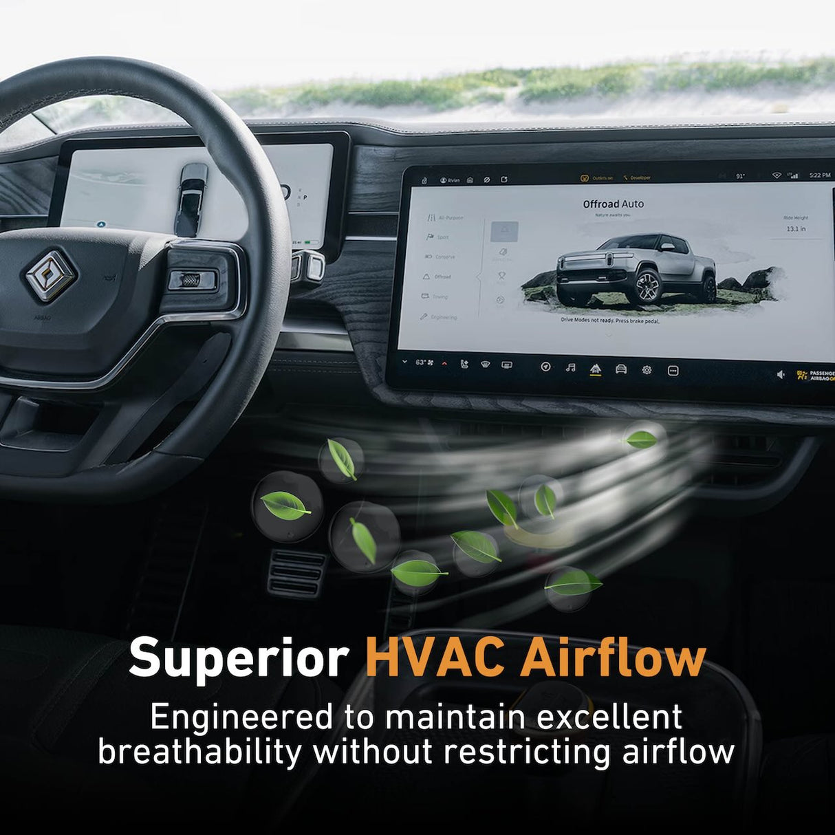 Close-up of an EveryAmp HEPA+Activated Carbon Cabin Air Filter for Rivian R1T, shown on the dashboard touchscreen with digital airflow and leaf graphics, emphasizing advanced filtration and superior HVAC breathability.