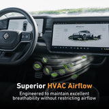 Close-up of an EveryAmp HEPA+Activated Carbon Cabin Air Filter for Rivian R1T, shown on the dashboard touchscreen with digital airflow and leaf graphics, emphasizing advanced filtration and superior HVAC breathability.