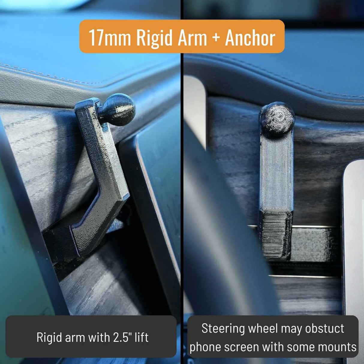 Features of a 17mm ball mount on a rigid arm that is compatible with EveryAmp phone mount dash anchors for the Rivian R1T and R1S