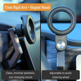 Features of a 17mm adjustable-angle magnetic phone mount attached to a rigid arm and dash anchor installed in a Rivian R1T or R1S