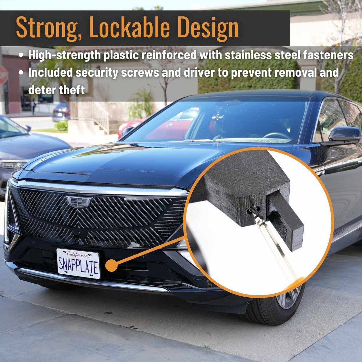 SnapPlate for Cadillac LYRIQ has a strong, lockable design with an included anti-theft security screw