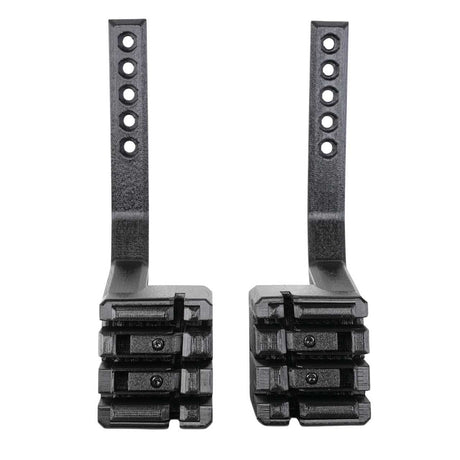 Two black plastic EveryAmp SnapPlate+ Base brackets for Tesla Model 3 Performance (2026+), upright side by side on a white background, feature multiple holes and ridged bases for bumper camera compatibility.