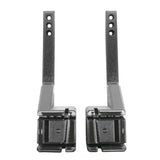 Two identical EveryAmp SnapPlate+ Base - Tesla Model Y Standard (2026+) black metal brackets, each with three adjustment holes and rectangular bases, stand upright side by side—perfect for Model Y installs or bumper camera mounting.